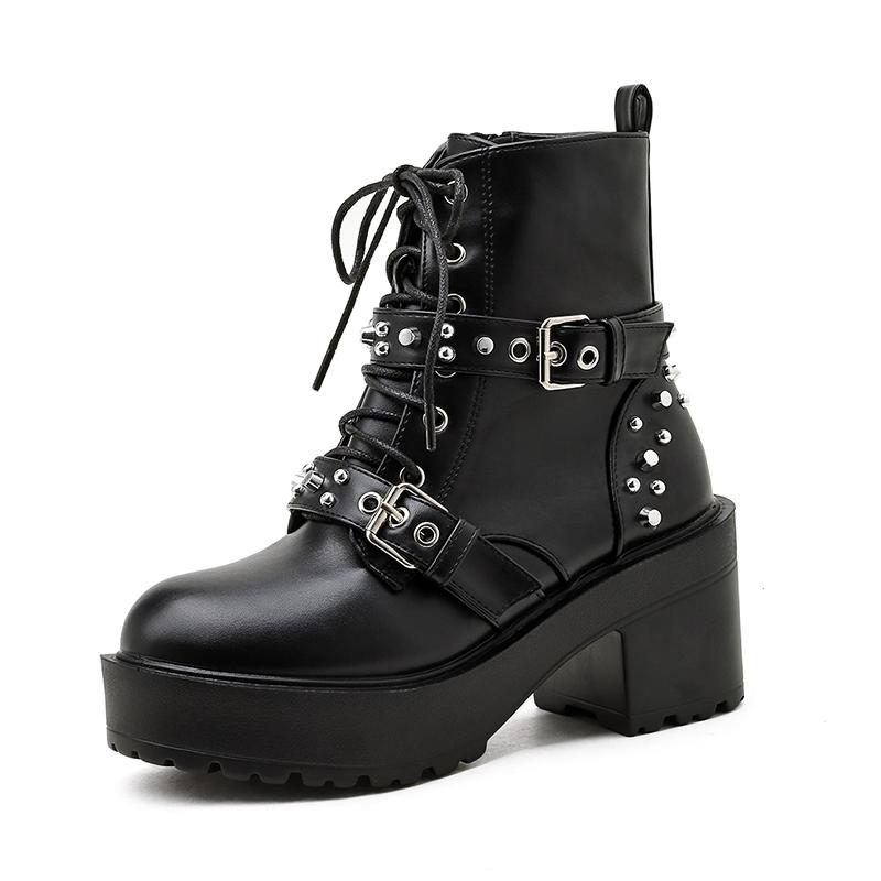 

Punk Style Metal Stud Rivet Ankle Boots Zipper Platform Boots Gothic Black Motorcycle