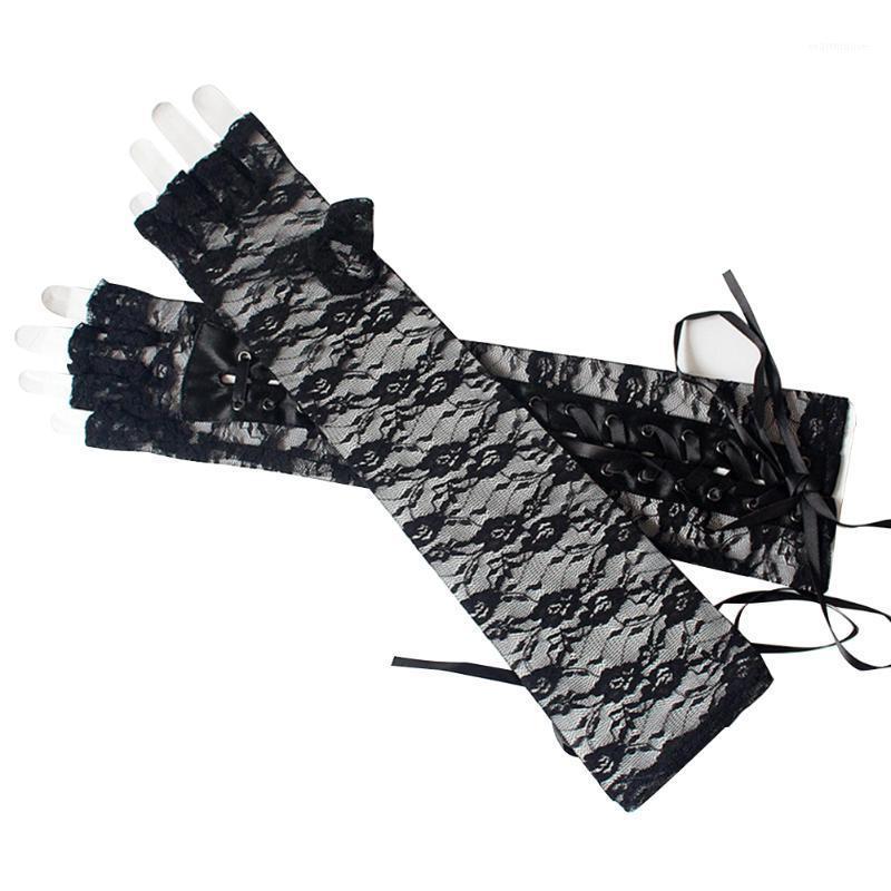 

1pair Women Costume Party Long Elbow Protection Fingerless Gloves Summer Anti UV Lace Up For Wedding Elegant Adjustable Portable1