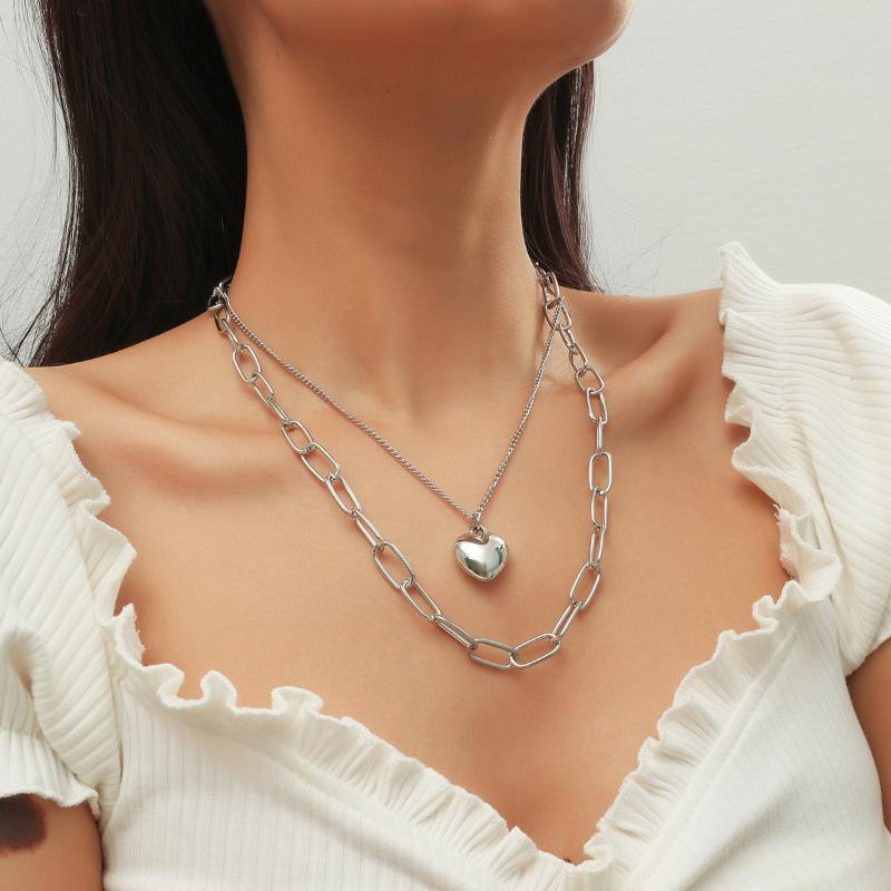 

Goth Lover Heart Lock Necklace Iron Metal Female Punk Silver Color Chunky Thick Cuban Curb Long Chain Necklace Aesthetic Jewelry, Golden;silver