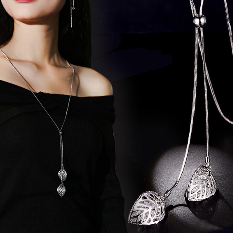 

Romanic Hollow Leaf Pendant Necklace Silver Gold Color Women Long Chain Sweater Necklace Collar Fairy Jewelry
