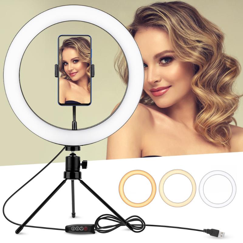 

Dimmable LED Selfie Ring Light 10 inch Lamp Makeup Lighting Beauty Room Table Tripod Living Broadcast USB Plug Photography Light