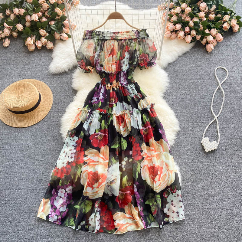 

Sexy Slash Neck Flower Printed Chiffon Dress Women Bohemian Short Sleeve High Waist A-Line Vacation Beach Vestidos Female 2022, Same as picture