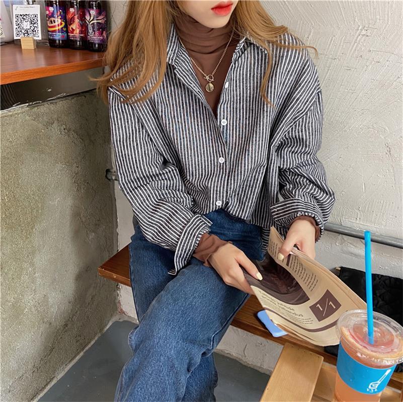 

Fashion Vintage New Ins Loose Wild Lapel Striped Long-sleeved Women Shirt Ladies Korean Harajuku Blouses For Female, Black