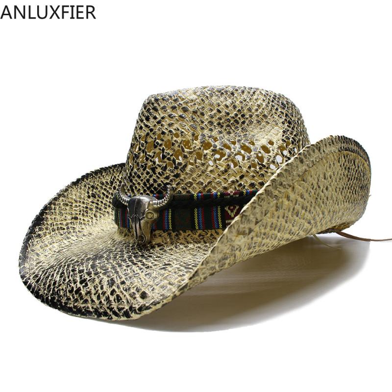 

A160 Adult Summer Raffia Hats Retro Big Cow Leather Belt Beach Caps Men Women West Cowboy Hat Raffia Straw Cap Adjustable Size, Style1