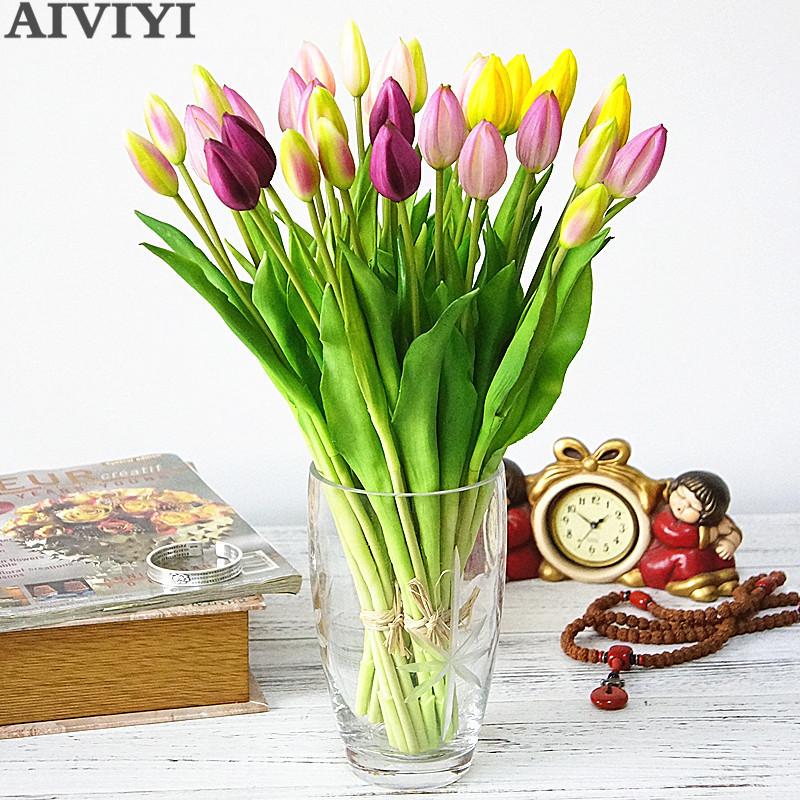 

7Pcs / bunch of real touch soft silicone artificial tulip flower home wedding decoration fake bride bouquet decoration, Green