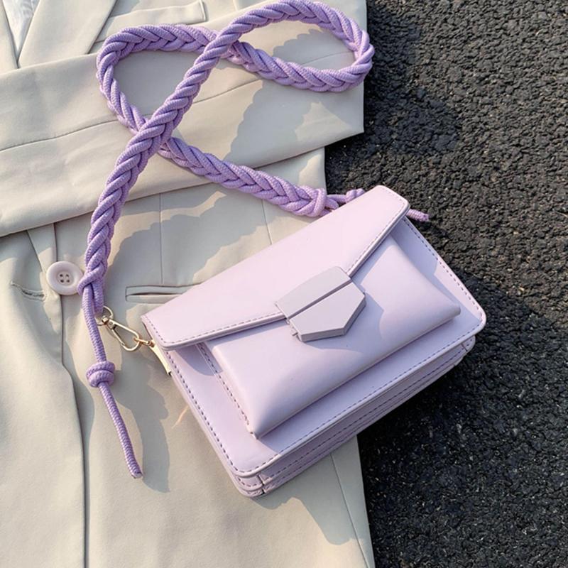 

Braided Shoulder Strap Design Small Solid Color PU Leather Flap Crossbody Bags for Women 2020 Luxury Handbags Women Bag Designer, Pink