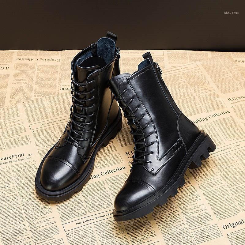

Solid Leather Motorcycle Boots Square Heels Thick Bottom Platform Shoes Woman New Winter Lace Up Zip Women Boots Plus Size1, Heidanli