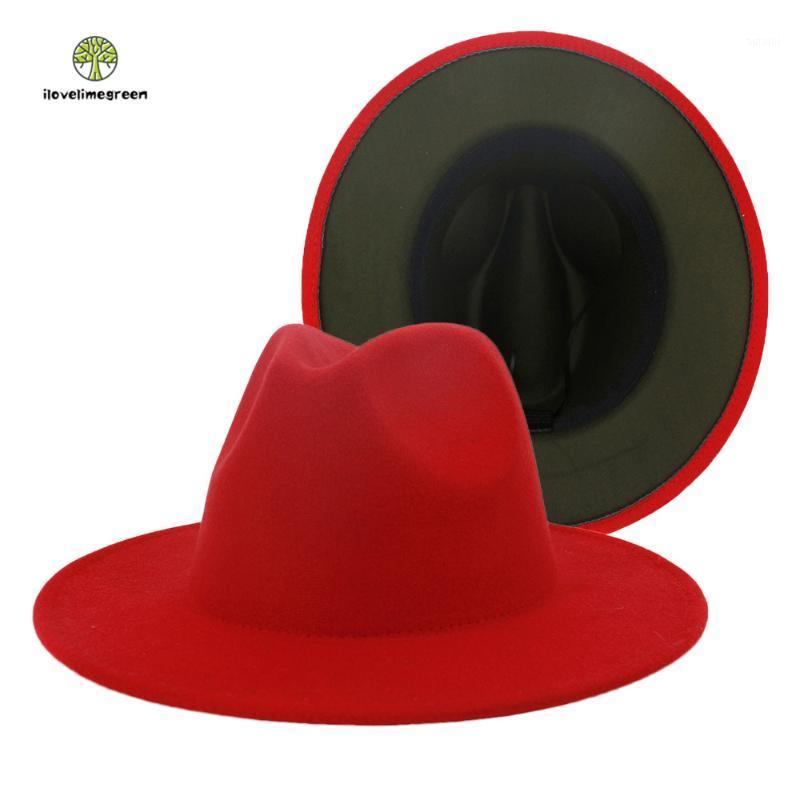 

2020 Hot Sell British Classic Red Army Green Patchwork Woolen Felt Fedora Hat Jazz Panama Cowboy Elegant Hat1, Red and army green