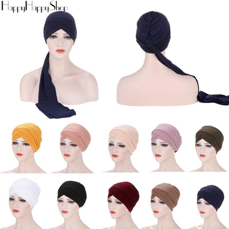 

Beanie/Skull Caps Modal Cotton Long Tail Headband Women Islamic Muslim Head Scarf Wraps Hair Cover Turban Arab African Bonnet Party Hijab, Black