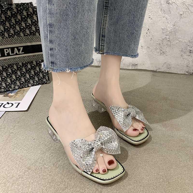 

Crystal Bow Clear Heel Slippers Women Pvc Transparent Open Toe Sandals Summer Sweet Chunky Heel Slippers Women Beige Green1