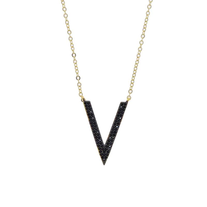 

Gold Color Black Cubic Zirconia V Charm Chevron Pendant Choker 2 raw CZ Elegant Women Ladiy Rrendy Gift Necklace Jewelry