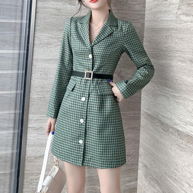 

Dress 2020 Autumn Winter New Women' Casual Long Sleeve Notched Lapel Office Dress Solid Slim Female Elegant Casual Dresse, Green