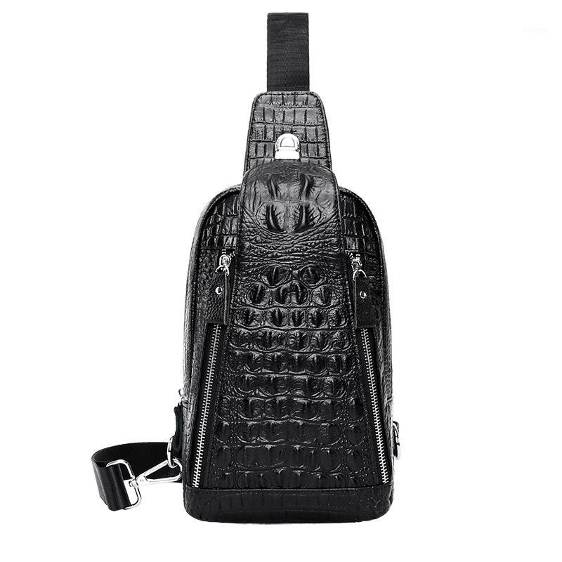 

2020 new crocodile pattern men's chest bag casual shoulder bag oblique cross-head layer cowhide leather men's1, Black