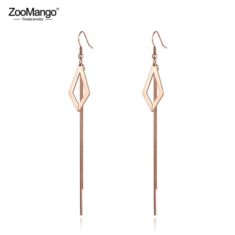 

ZooMango Trendy Titanium Steel Geometric Tassel Earrings Jewelry Style Rose Gold Color Dangle Earrings For Women Girl ZE19105