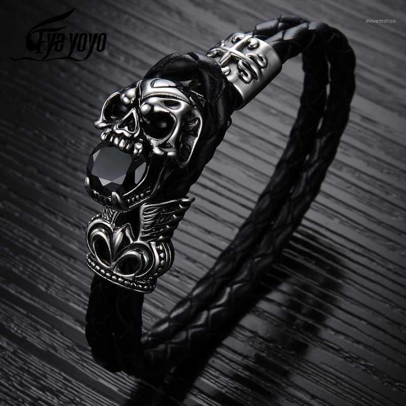 

EyeYoYo 2020 New Men Vintage Jewelry Steampunk Skull Leather Bracelet Rock Hand Woven Bangle Fashion 20/21.5cm Black Bracelet1