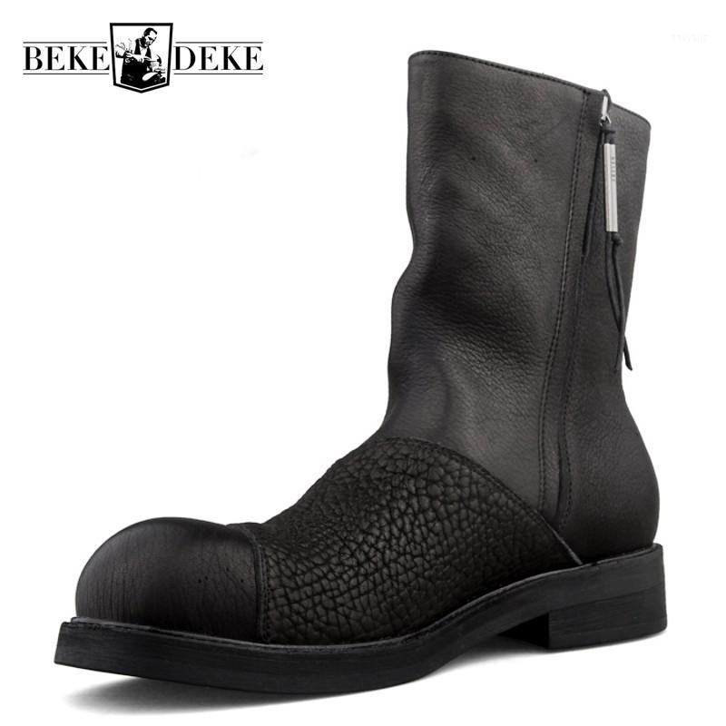 

Retro Harajuku Autumn Winter Mens Genuine Leather Boots Fashion Side Zip Round Toe Thick Bottom Male Mid Calf Boots Plus Size1, Black