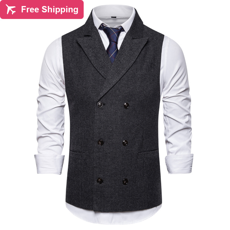 

2021 New Double Male Breasted Vests Sleeveless Men Suit Vintage Blazers Formal Vest Chaleco Wedding Babt, Light grey