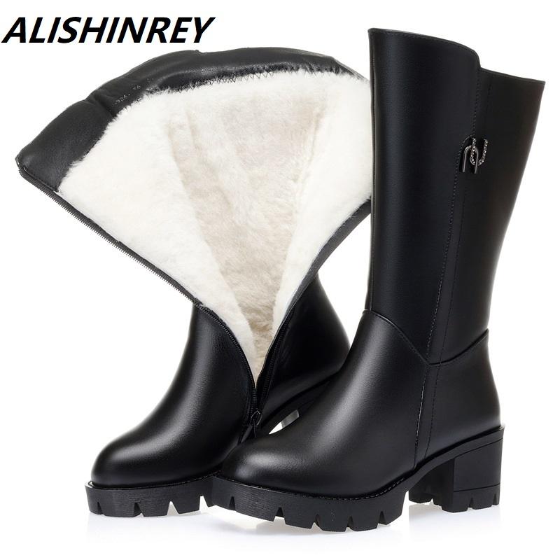 

ALISHINREY Women Winter Boots Thick Natural Wool 2021Genuine Leather Ladies Snow Boots Large Size Platform Women Winter Footwear, Black fluff