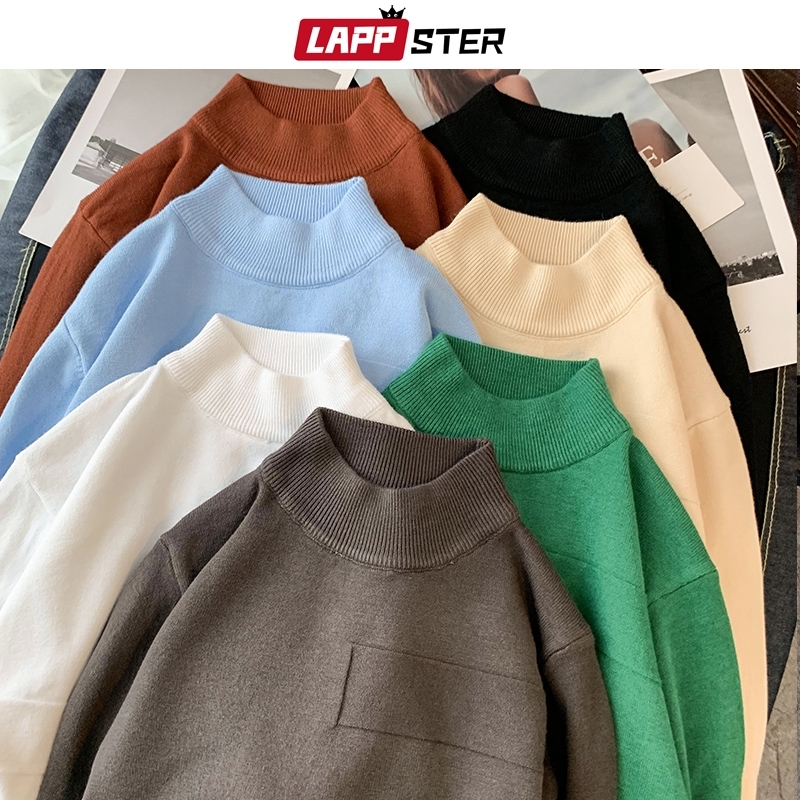 LAPPSTER Men Solid Colorfuls Winter Slim Sweater Mens Casual Korean Fashion Harajuku Pullover Vintage Turtleneck Sweaters 201124