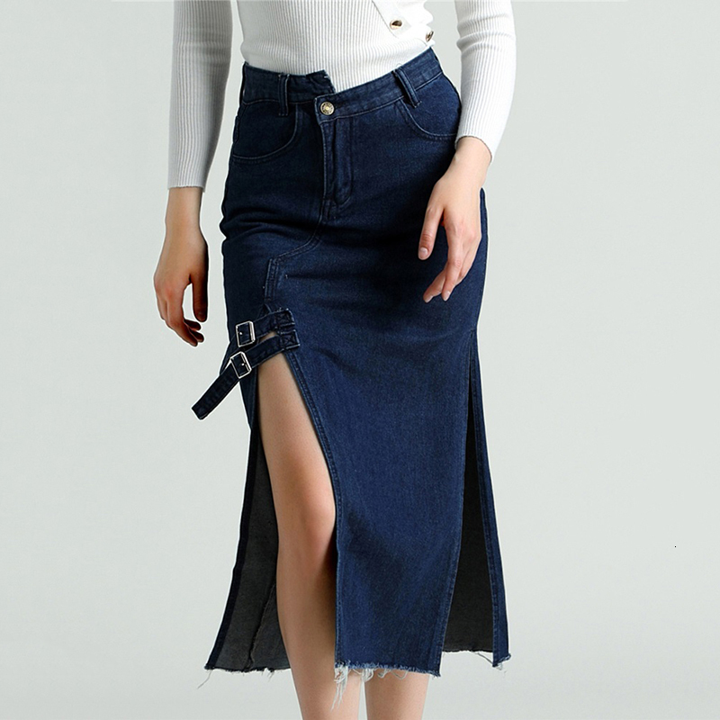 

2021 New Female Midi Skirt Winter Jeans Share Sexy Buttons Pockets the Line Fashion Sk3927 DTG9, Blue
