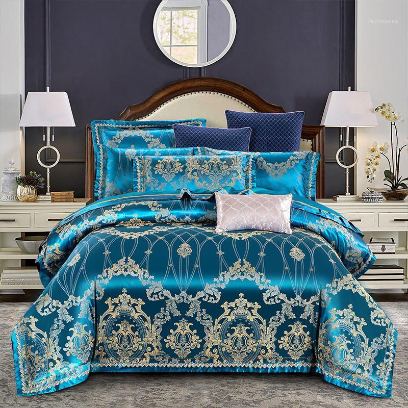 

4Pcs Luxury Satin Jacquard AB double side fabric Bedding set Queen size soft bedclothes Bed sheet set Duvet cover Pillowcases.1