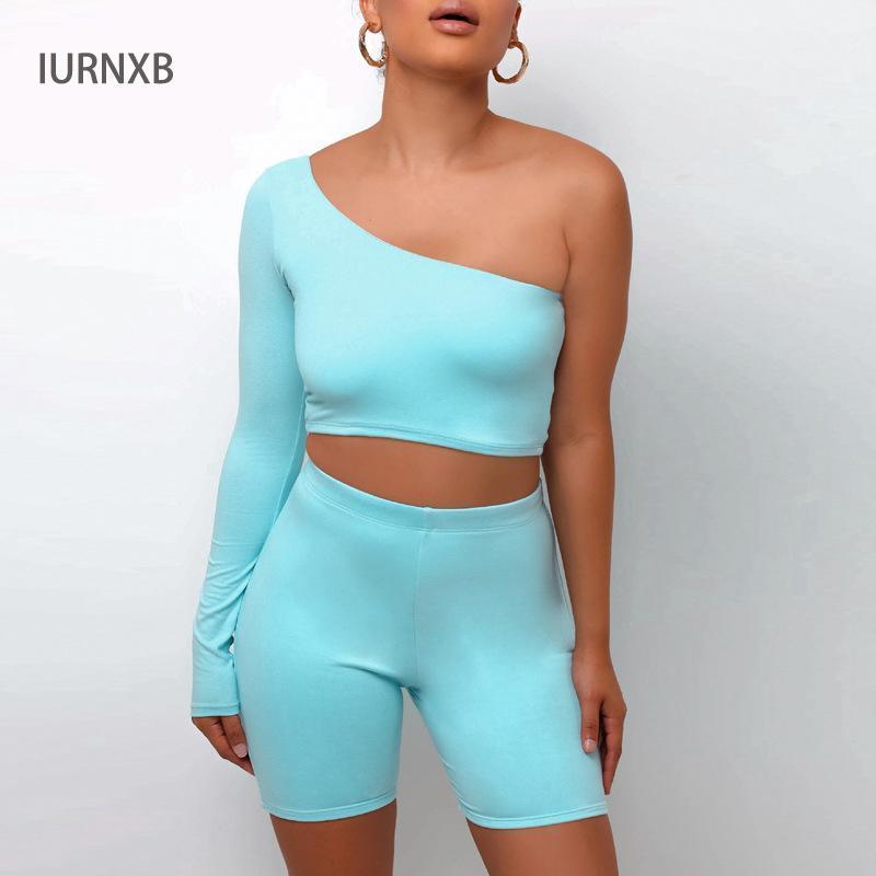 

2piece Seamless Set Asymmetrical One Shoulder Long Sleeve Crop Top Sport Leggings Shorts Running Sportswear Clothing1, Blue