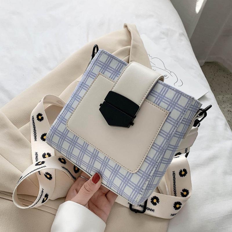

New Exquisite Fashion Plaid Bucket Bag PU Leather Luxury Handbag Women Retro Shoulder Bag Crossbody Bags, Blue