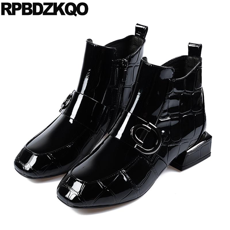 

Short Black Autumn Ankle Patent Leather Fur Winter Waterproof Boots Women Square Toe Zipper Metal Fashion Shoes 2020 Ladies