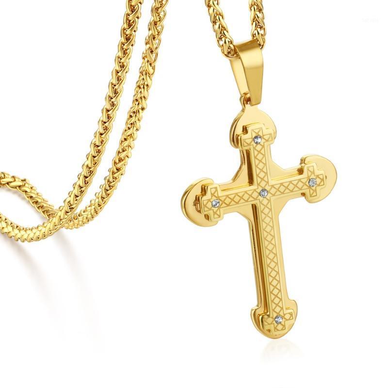 

Gold Color Crystals Texture Cross Stainless Steel Pendant Necklace Link Chains for Men Vintage Jewelry MN2011