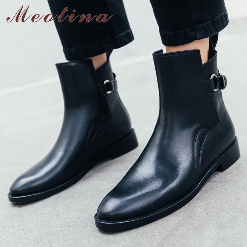 

Meotina Autumn Ankle Boots Women Boots Natural Genuine Leather Flat Short Cow Leather Buckle Shoes Lady Spring Size 34-391, Black