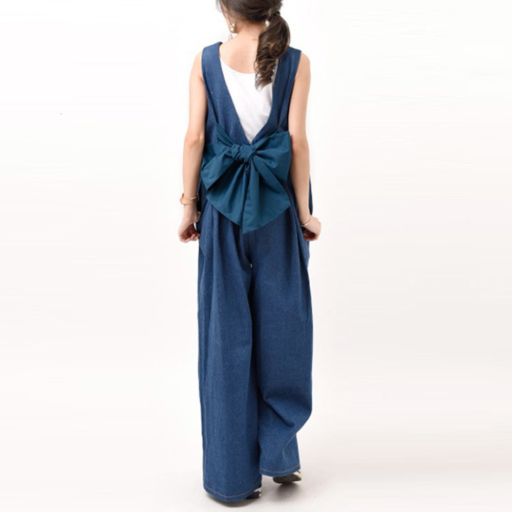 

2021 New Japan Summer Loose Wide Legs Rompers Women Blue Sleeveless Oversized Cute Bowknot Korean Ladies Long Jumpsuit P7LW, Black