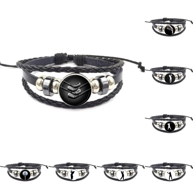

EJ Glaze Black Leather Bracelet Bangle Glass Cabochon Vintage Statement Fashion Jewelry For Men Women Gift Golf Player