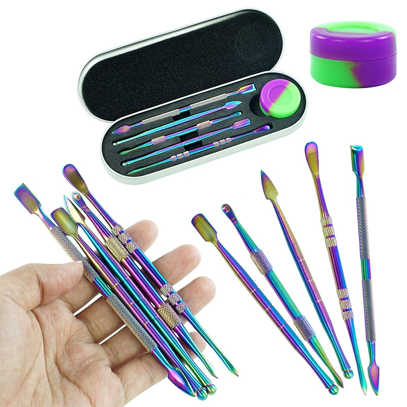 

Dab Tool Kit Set with 5ml silicon container rainbow silver 5pcs long dabber tool metal single package for wax dry herb DHL