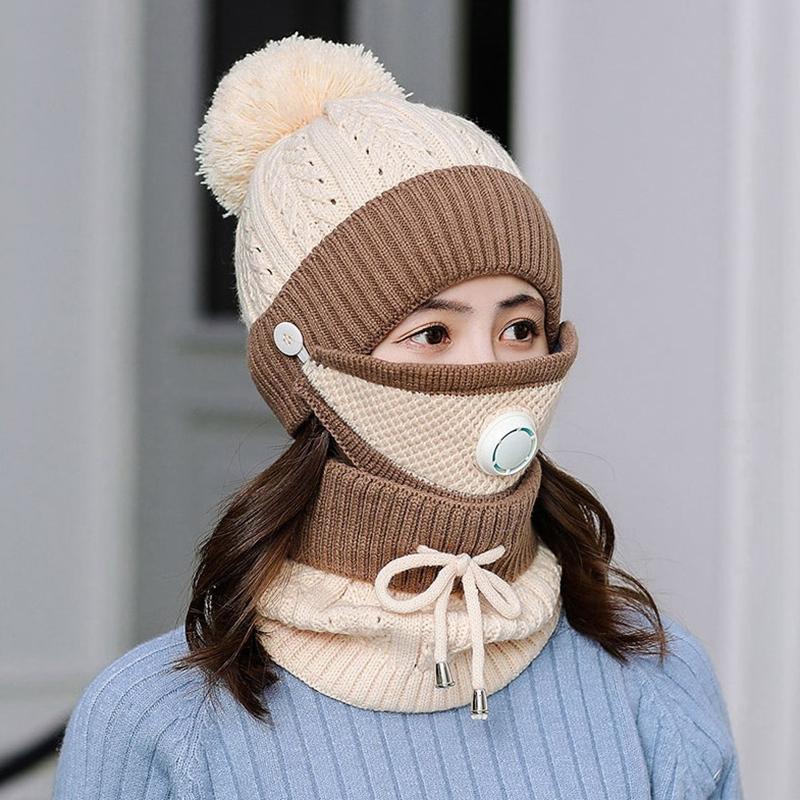 

Women'S Knitted Hat Scarf Caps Neck Warmer Winter Hat for Ladies Girls Warm Fleece Caps, Black