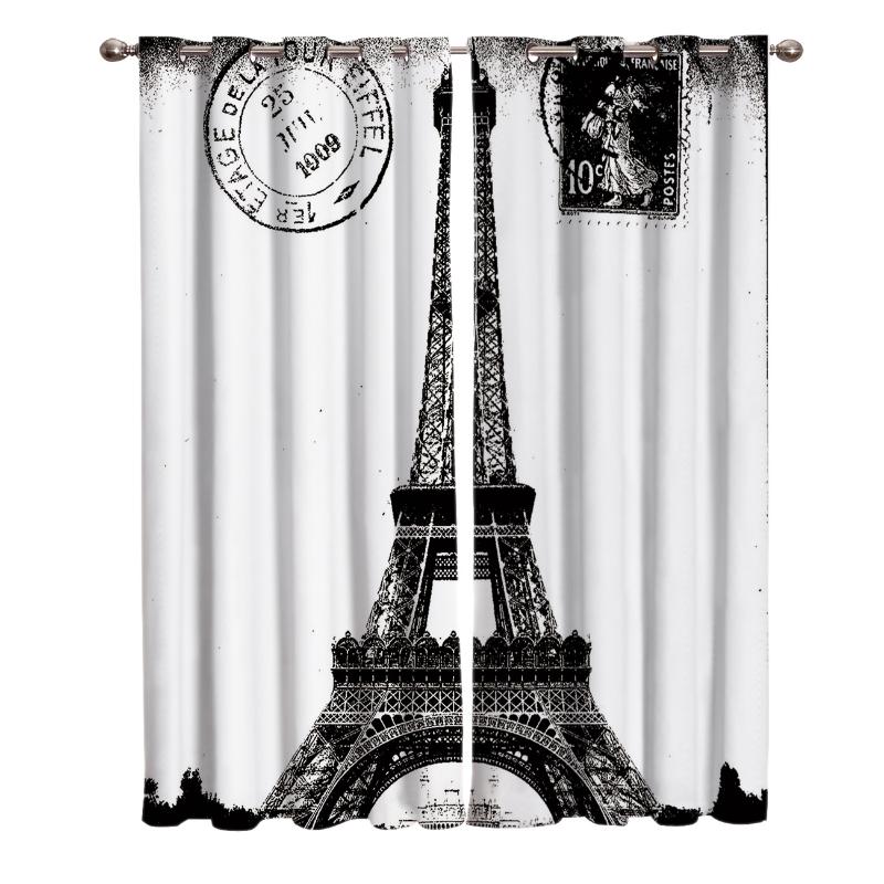

Retro Stamps Paris Tower Black White Curtains Valance Living Room Bedroom Indoor Decor Window Treatment Kids Room Home Decor, Leo04839