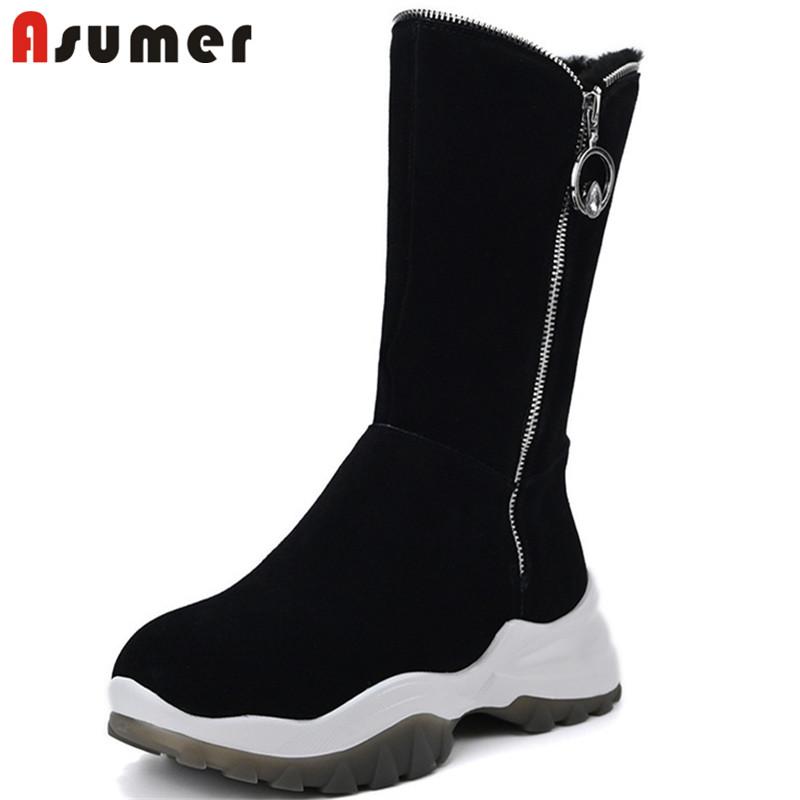 

Asumer 2021 New Arrive Wool Snow Boots Women Suede Leather Flat Platform Shoes Casual Zipper Fashion Winter Ankle Boots Women, Black