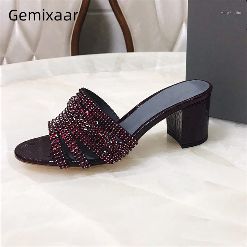 

Rhinestone Slip-on Lazyman Mules Chic 2020 Summer Genuine Leather Stone Grain Fretwork Open Toe Med Heel Slippers Women1, Apricot