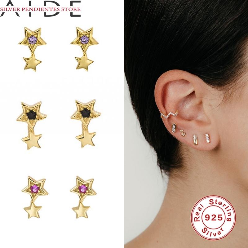 

AIDE 925 Sterling Silver Mini Purple Black Zircon Stud Earrings For Women Piercing Jewelry Simple Star Pendant Earrings Joyero