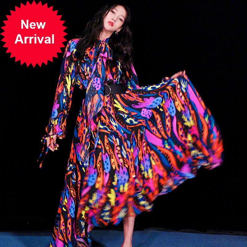 

2021 New Runway Female Autumn New Party Clothes Fashion Footwear Rainbow Bowknot Print Thin Waist High Dress Long C57u, Blue