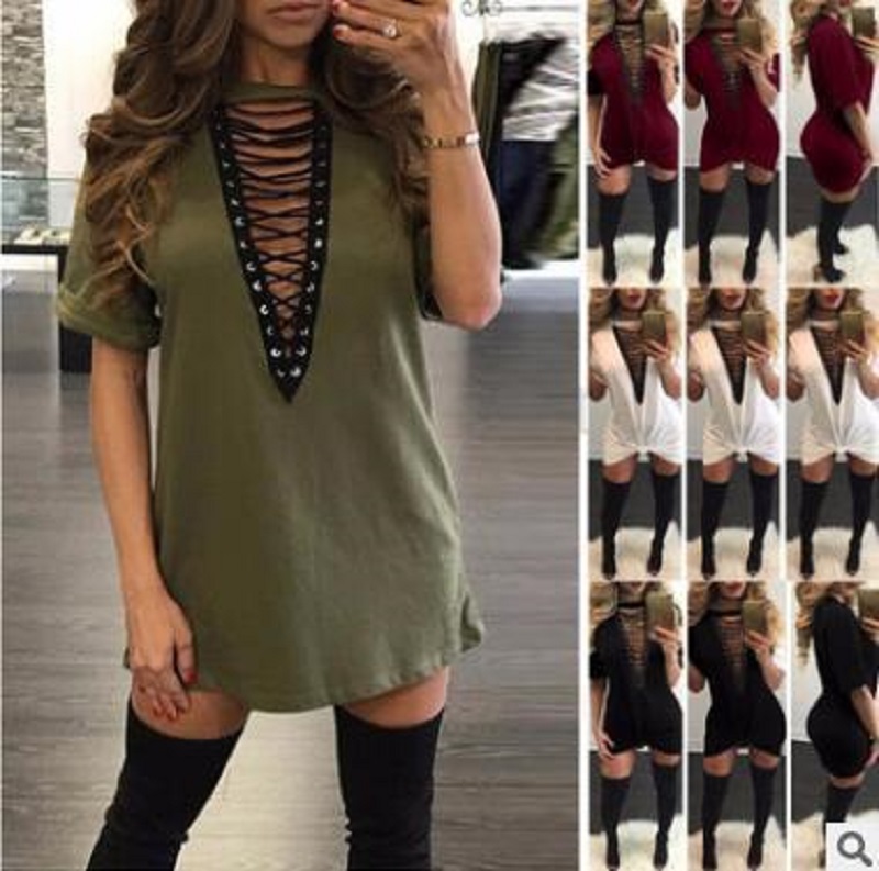 

New Summer T Shirt Dress 2017 Women Deep V Neck Lace Up Sexy Bodycon Bandage Party Dresses Casual T-Shirt Dress Vestidos, Red