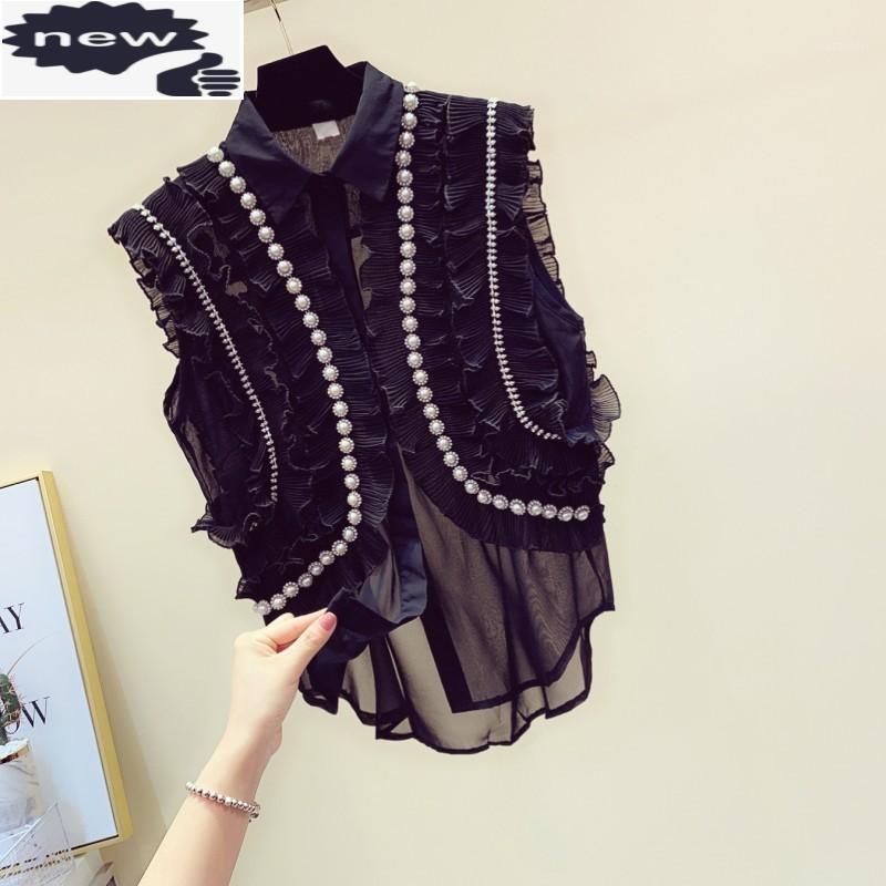 

Women' Vests Fashion Beading Diamonds Chiffon Shirts Women 2021 Summer Loose Vintage Sleeveless Blouse Ruffle Office Lady White Vest Tops1, Black