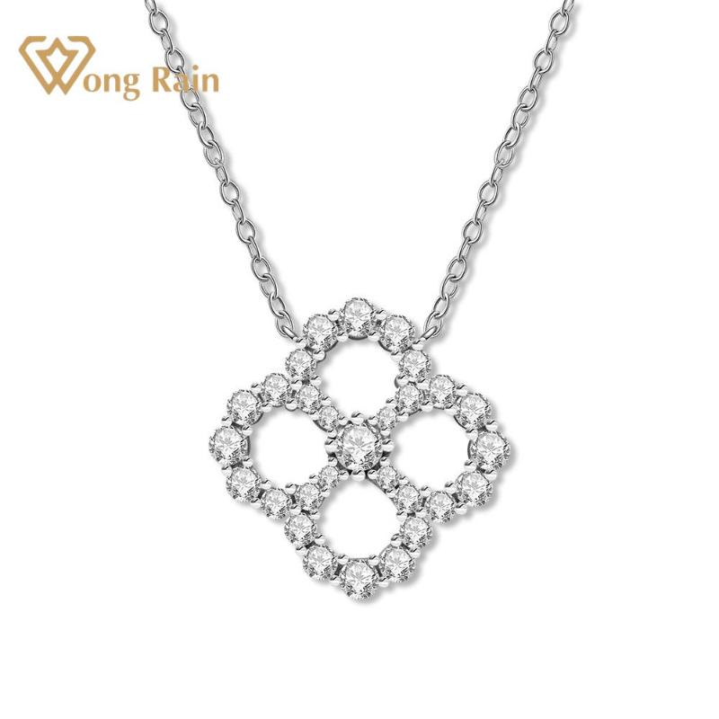 

Wong Rain 100% 925 Sterling Silver Created Moissanite Diamonds Wedding Engagement Four Clover Pendant Necklace Fine Jewelry