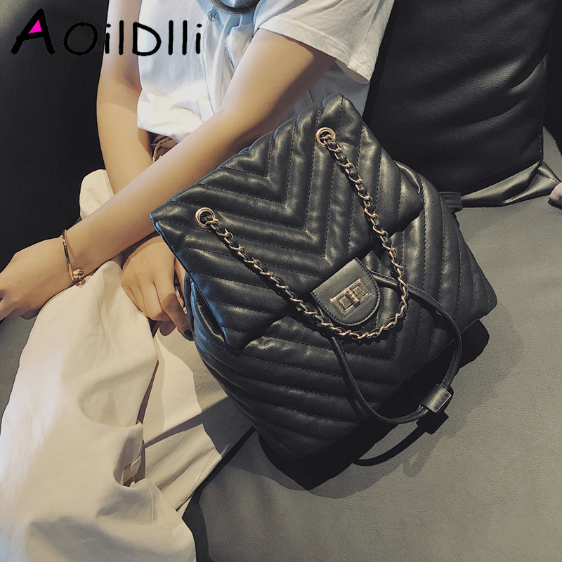 

Casual Women Backpack Luxury Soft PU Leather Backpacks Female Lingge Chain Shoulder Bag for Teenage Girls Travel Large Purses Q1113