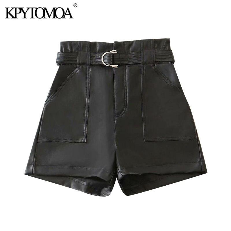 

KPYTOMOA Women 2020 Chic Fashion With Belt Faux Leather Shorts Vintage High Waist Zipper Pockets Female Short Pants Mujer, As picture