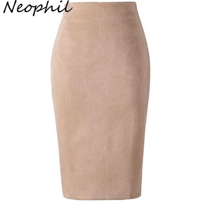 

Neophil Summer Women Suede Midi Pencil Skirt High Waist Gray Pink XXL Sexy Style Stretch Wrap Ladies Office Work Saia S1009 Y200326, Khaki
