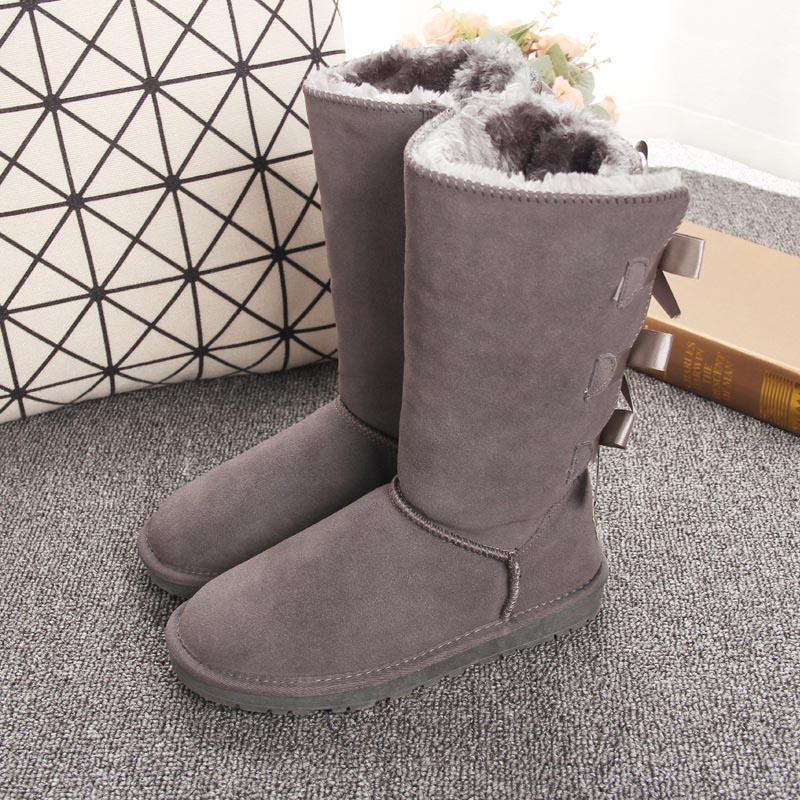 

New Russia winter boots women warm knee high boots fur ladies high snow shoes waterproof Real cowhide three bow tie, Black