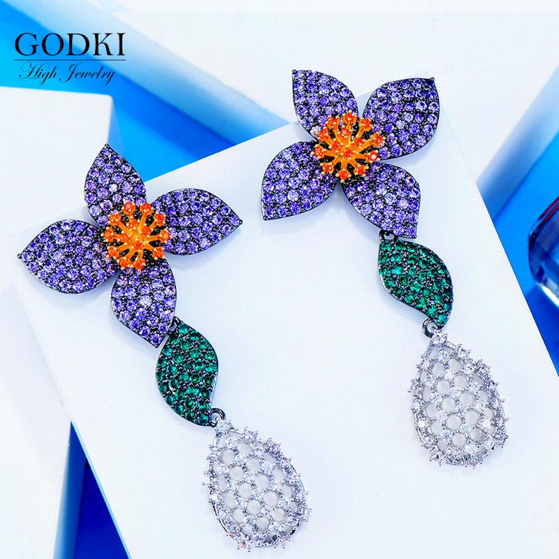 

GODKI Mutlicolor Luxury Flowers Drop Earrings Full Micro Cubic Zirconia Paved DUBAI Wedding Party Earring for Women 2020