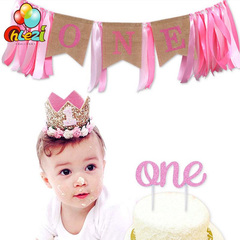 

one year Birthday Party Dining chair mabra flag Banner Garland Decorations Kids Boy Girl Blue Pink 1st baby shower Supplies Gift