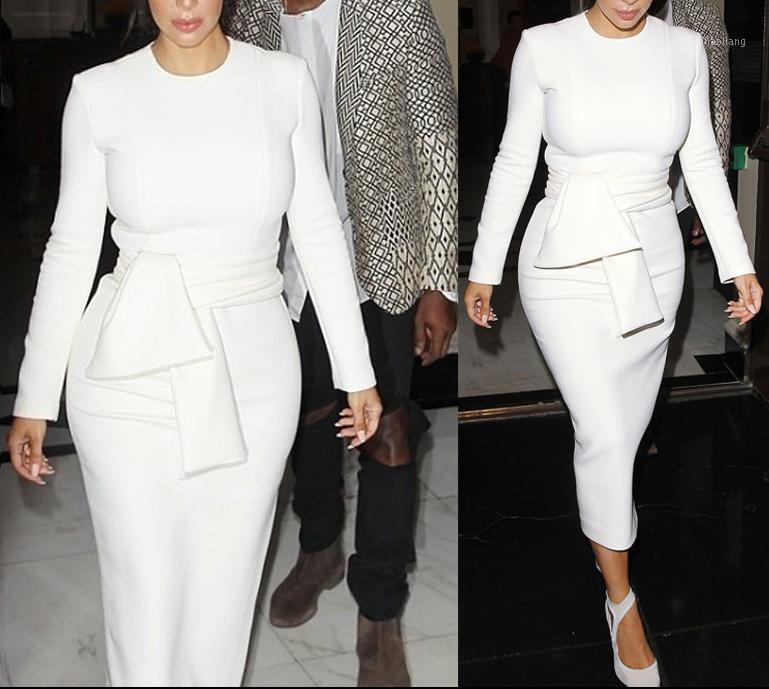 

Fashion 2018 Women Long Sleeve Sheath Office Lady White Dress Winter Vintage Sexy Long Party Dresses Autumn Clothes Vestidos1, As pic