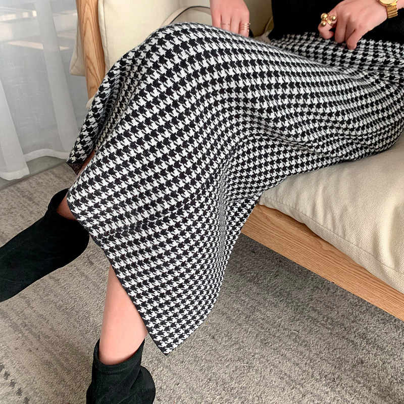 

2020 new fashions come out spring houndstooth 3 color wool mixed knitting skirt female pattern down clothes, Blake